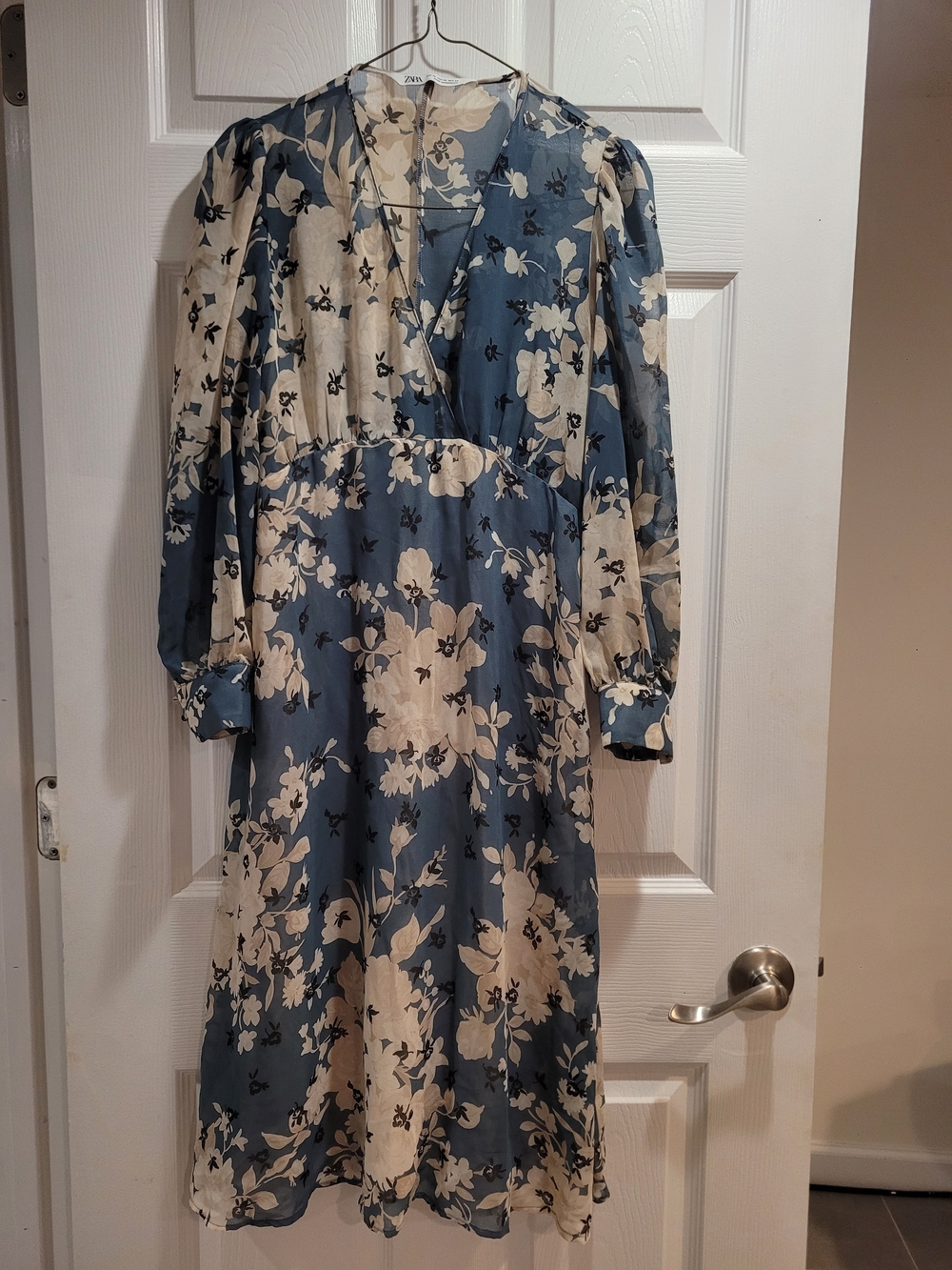 Zara Blue and Cream Floral Long-Sleeve Midi Dress